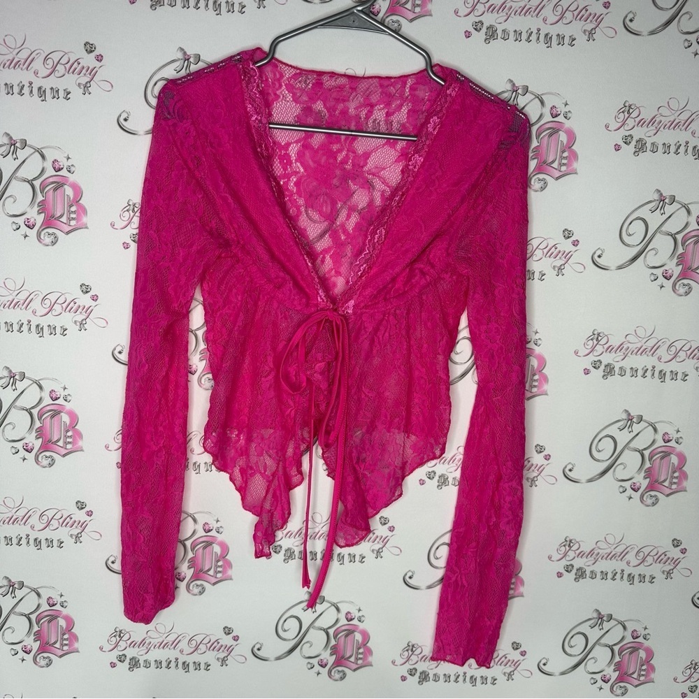 Cardigan top floral Pink Lace Tie-Front Top tie up front ribbon sexy